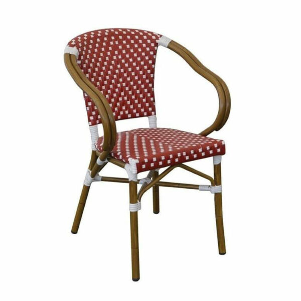 365-Tarte roed-hvid-moerkbrun udendørs cafestol - restaurantstol med armlæn