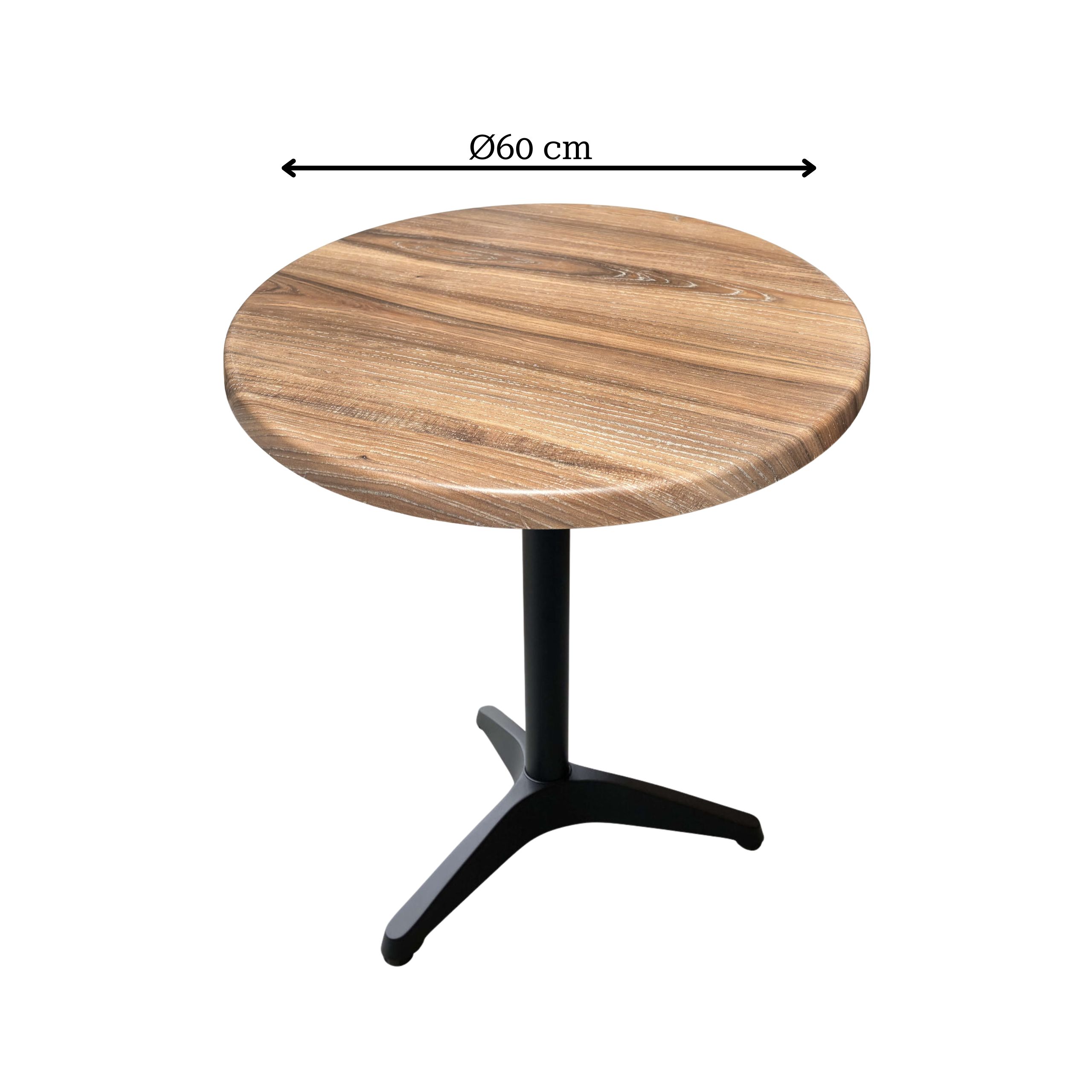 Udendørs cafebord - Washed Elm topalit udendørs bordplade Ø60 - Corsica bordstel – Sort- 3 ben