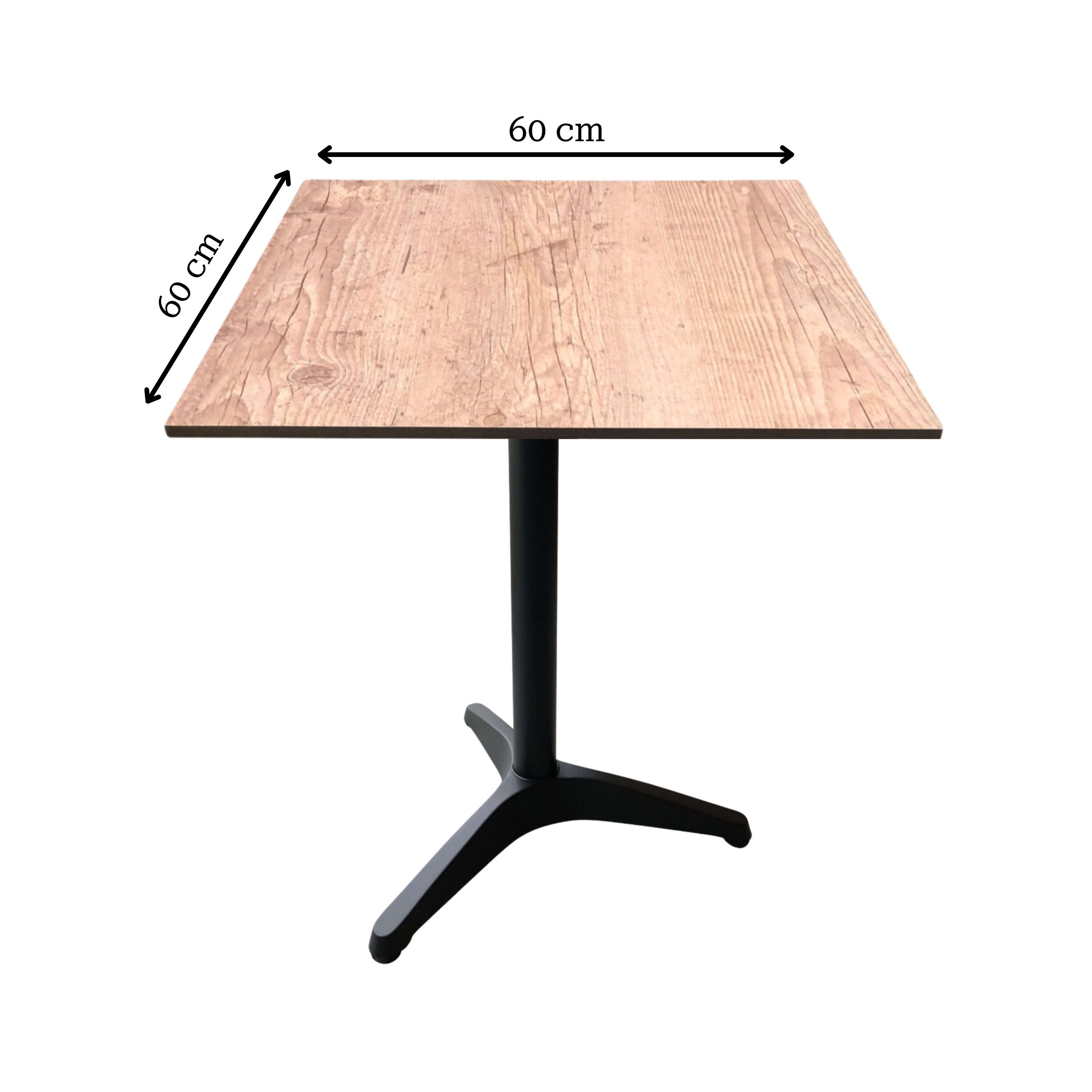 Udendørs cafebord - Canyon Vintage Pine kompakt laminat bordplade – 60×60 + Corsica bordstel – Sort- 3 ben
