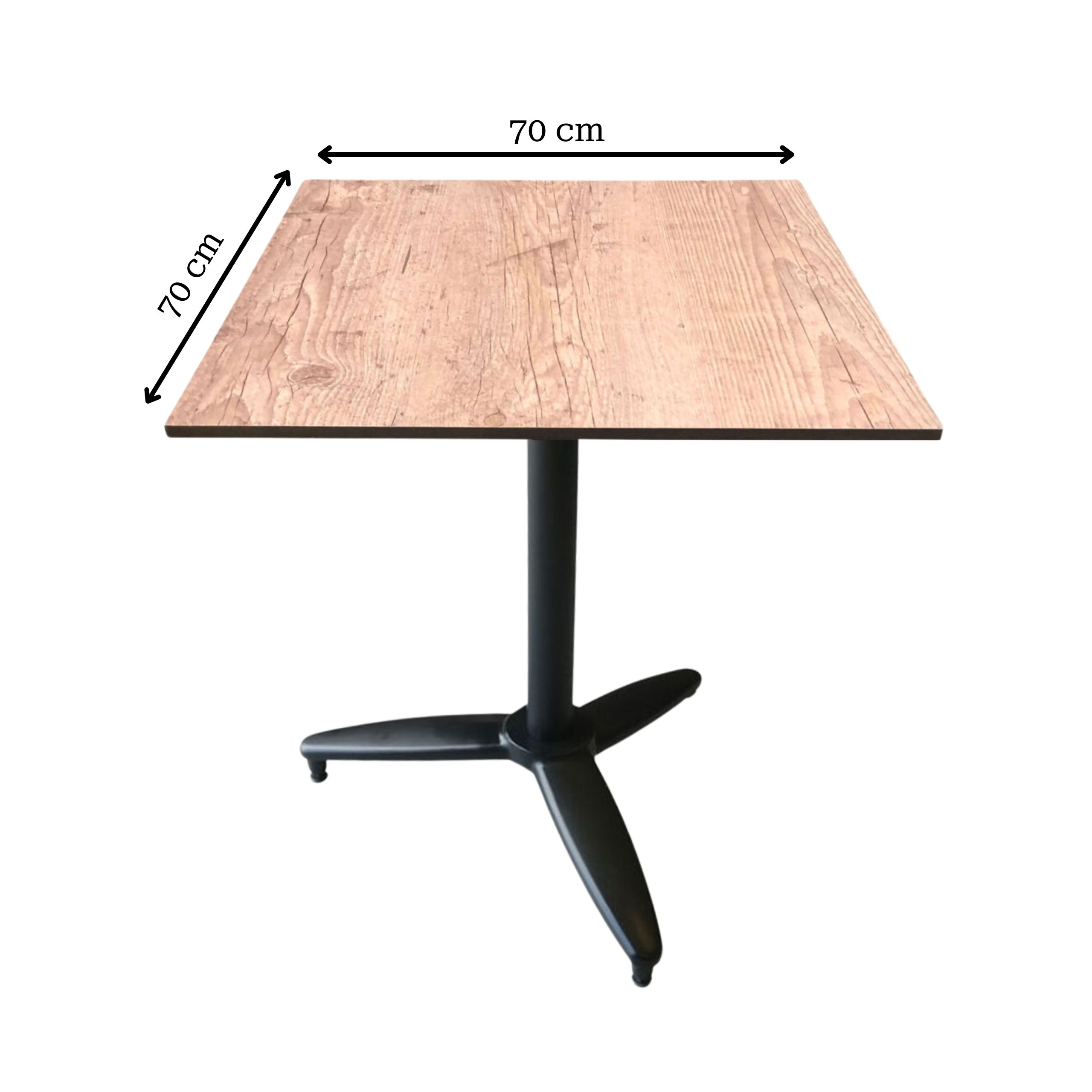Udendørs cafebord - Canyon Vintage Pine kompakt laminat bordplade – 70x70 + Bordstel m/vip funktion – 3 fod – sort