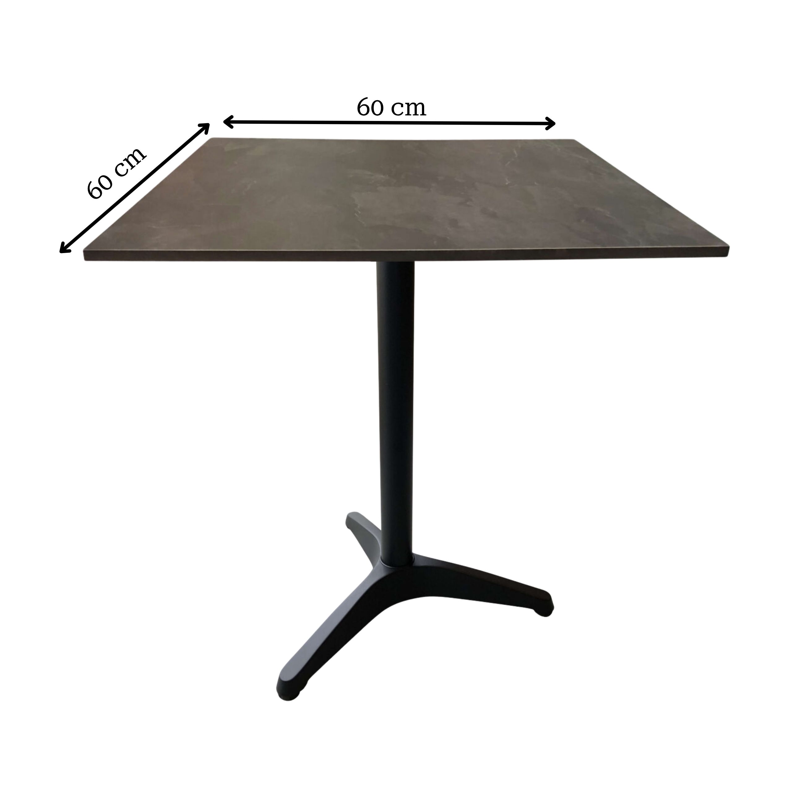 Udendørs cafebord – Tabo Slate kompakt laminat bordplade 60×60 cm + Corsica bordstel med 3 ben – Sort