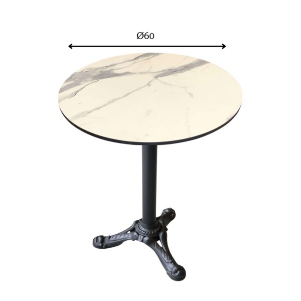 Udendørs cafebord - Vento Marble kompakt laminat bordplade – Ø60 - Løvefod bordstel m/3 fødder m/vip – Sort
