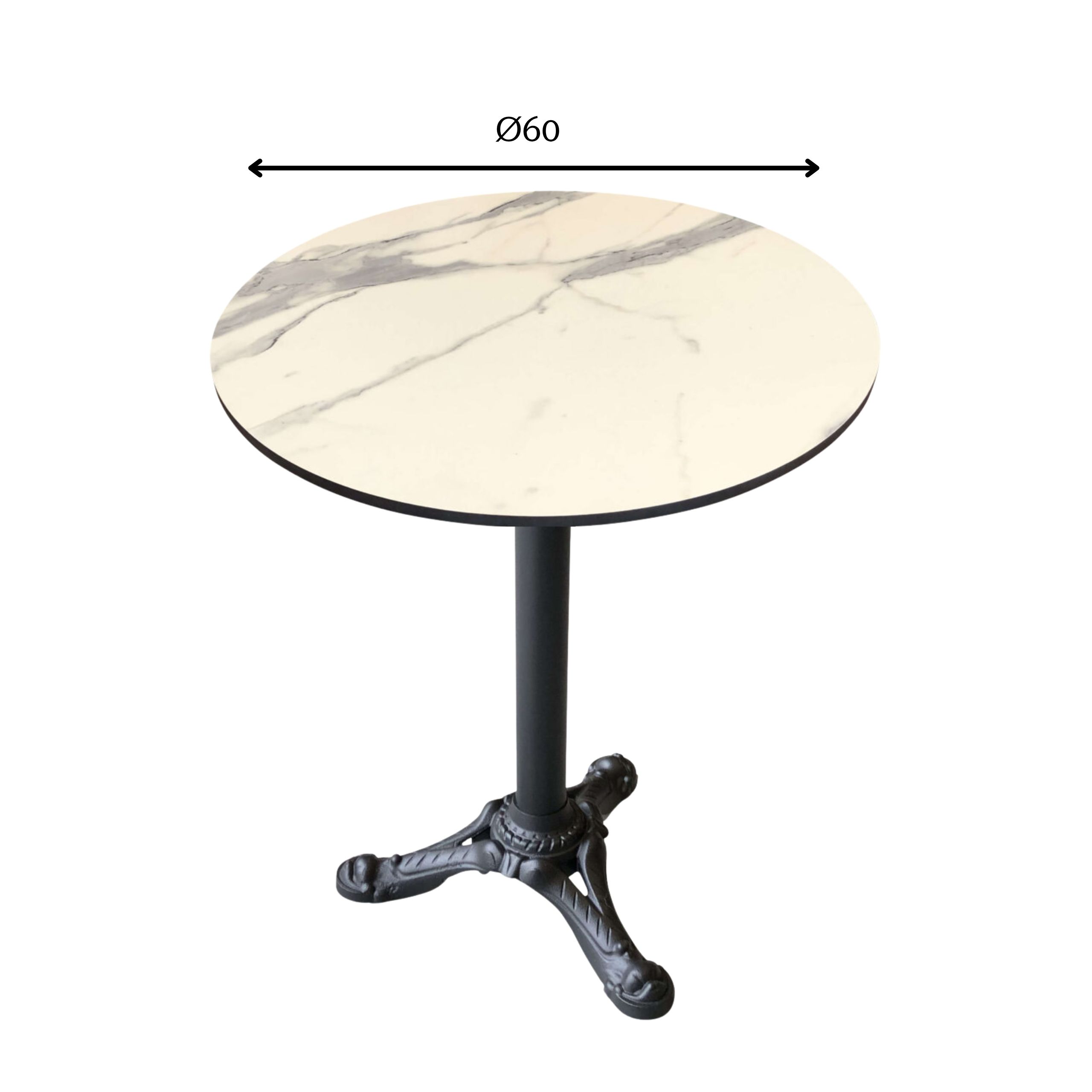 Udendørs cafebord - Vento Marble kompakt laminat bordplade – Ø60 - Løvefod bordstel m/3 fødder m/vip – Sort