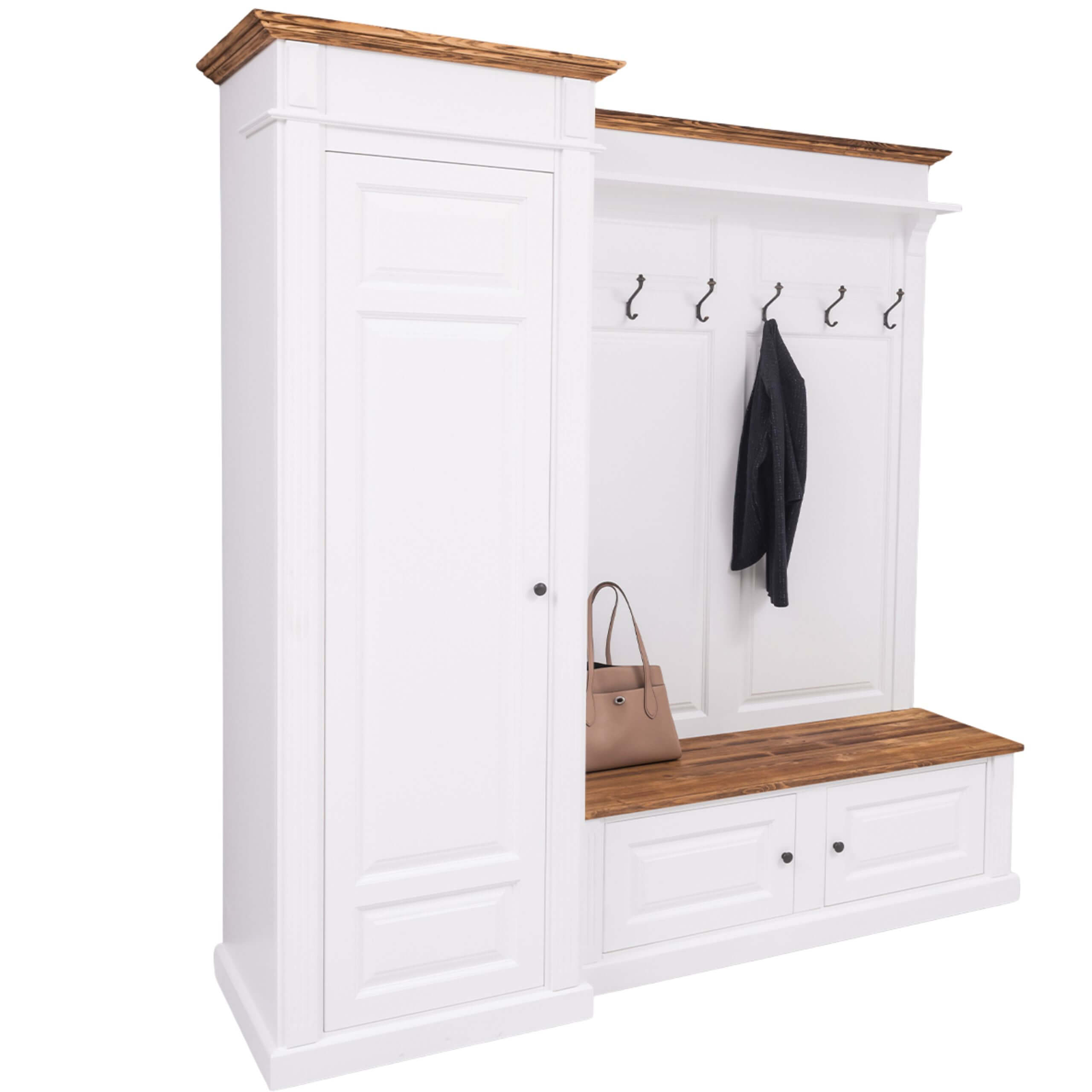 Hotellgarderobe - 1 dør - 2 skuffer - benk - 6 kleskroker - B:205cm - H:210cm - D:65cm