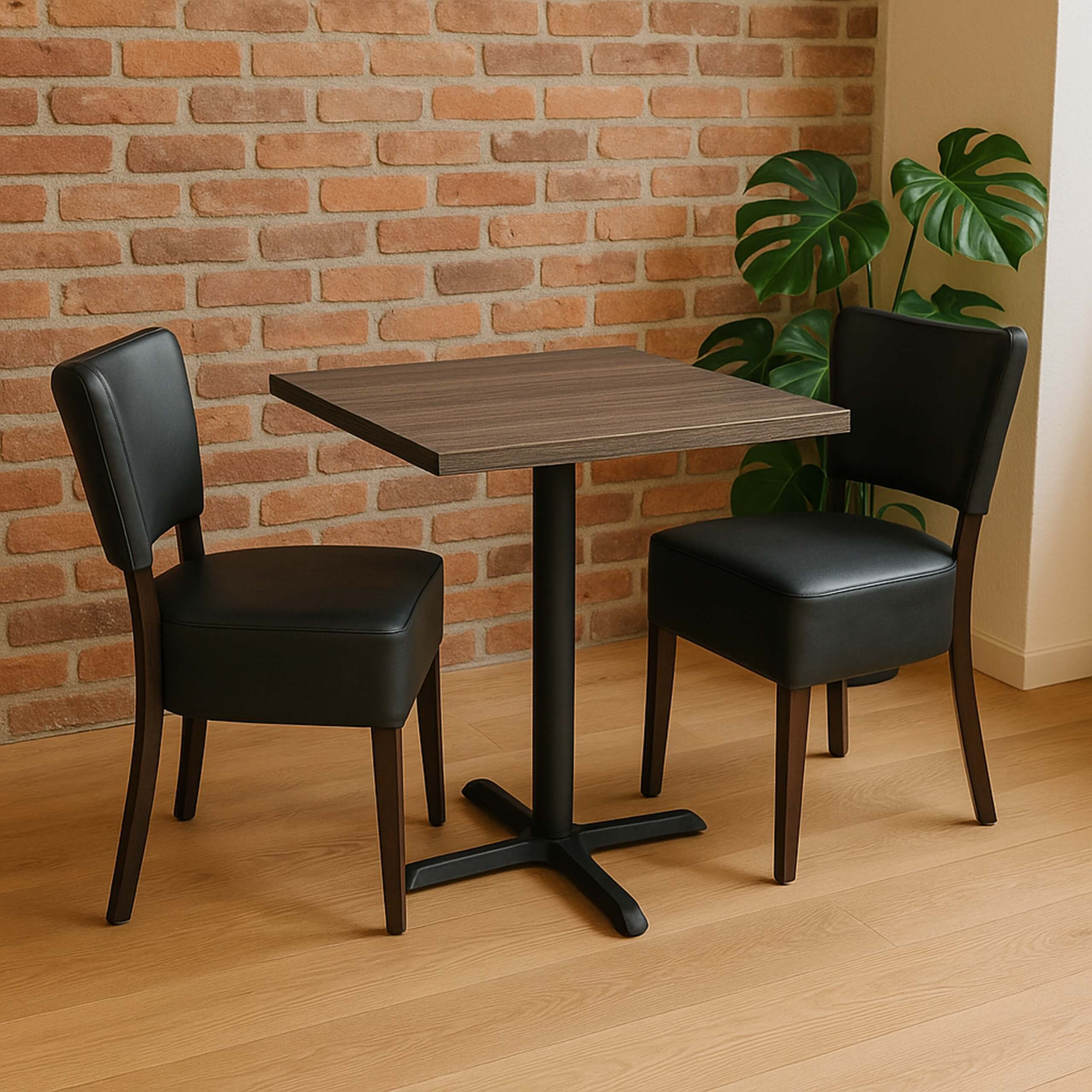 Cafesæt 1 - 2 Isabella sorte stole - Wengé melamin bordplade 70x70 - Gafa 4 sort bordstel