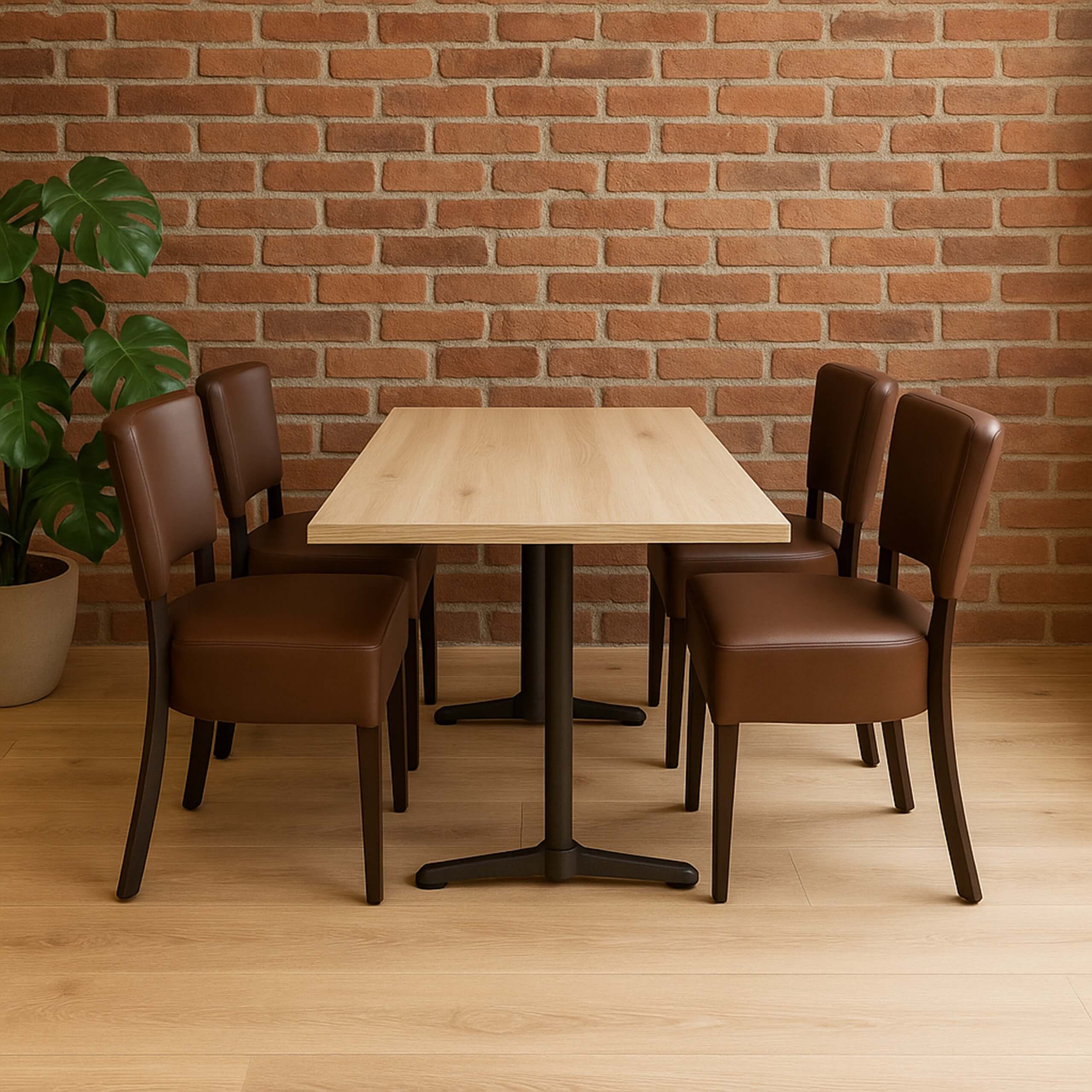 Cafesæt 12 med 4 Isabella brune stole, lys egelook melamin bordplade 70x120 og robust Gafa dobbelt sort bordstel