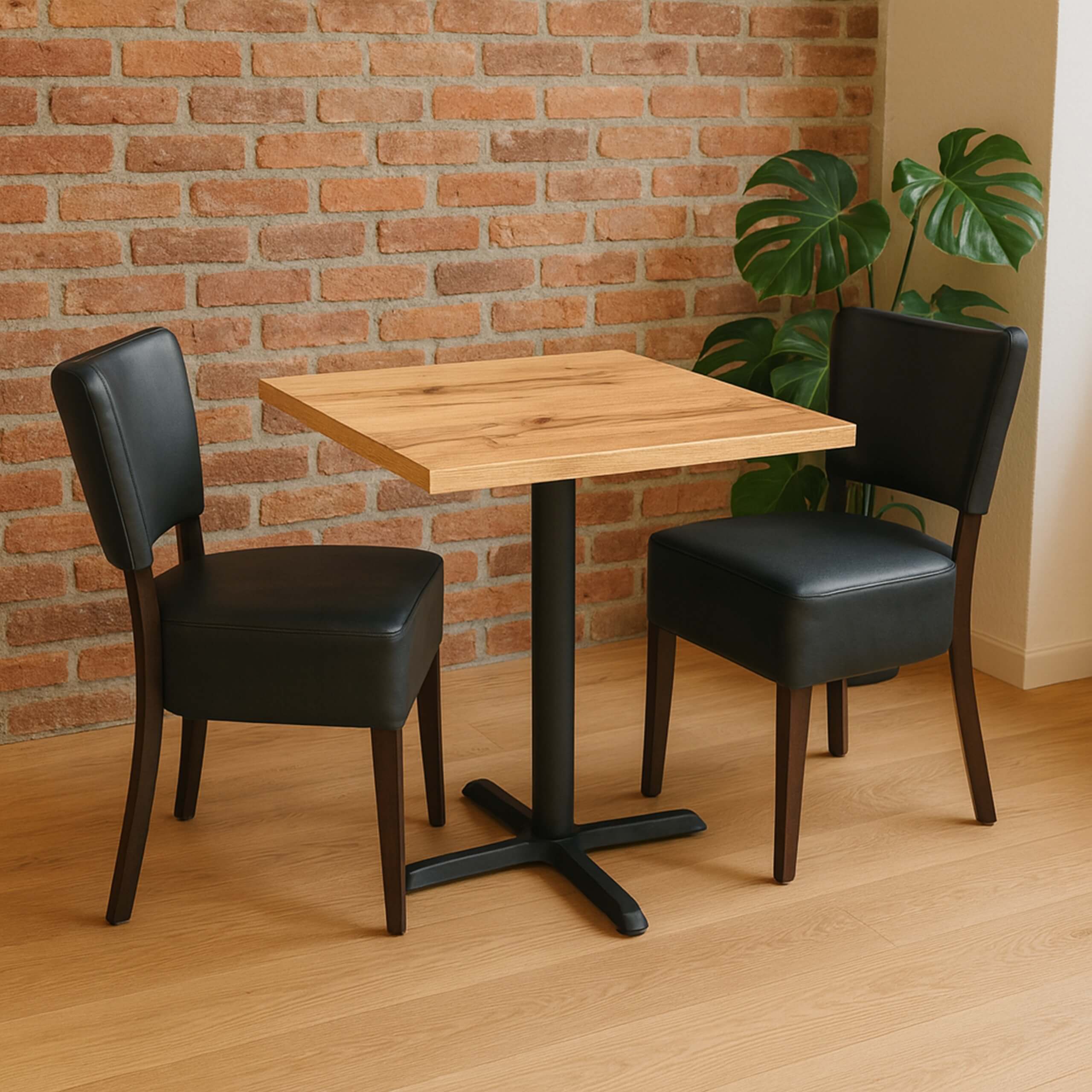 Cafesæt 2 - 2 Isabella sorte stole - Antik Eg melamin bordplade 70x70 - Gafa 4 sort bordstel