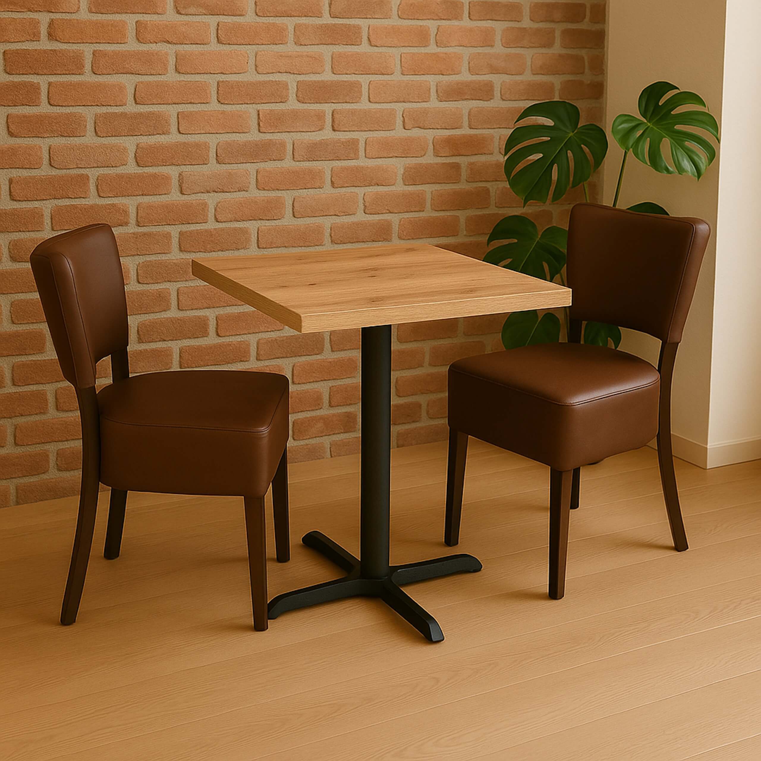Cafesæt 5 - 2 Isabella brune stole - Antik Eg melamin bordplade 70x70 - Gafa 4 sort bordstel