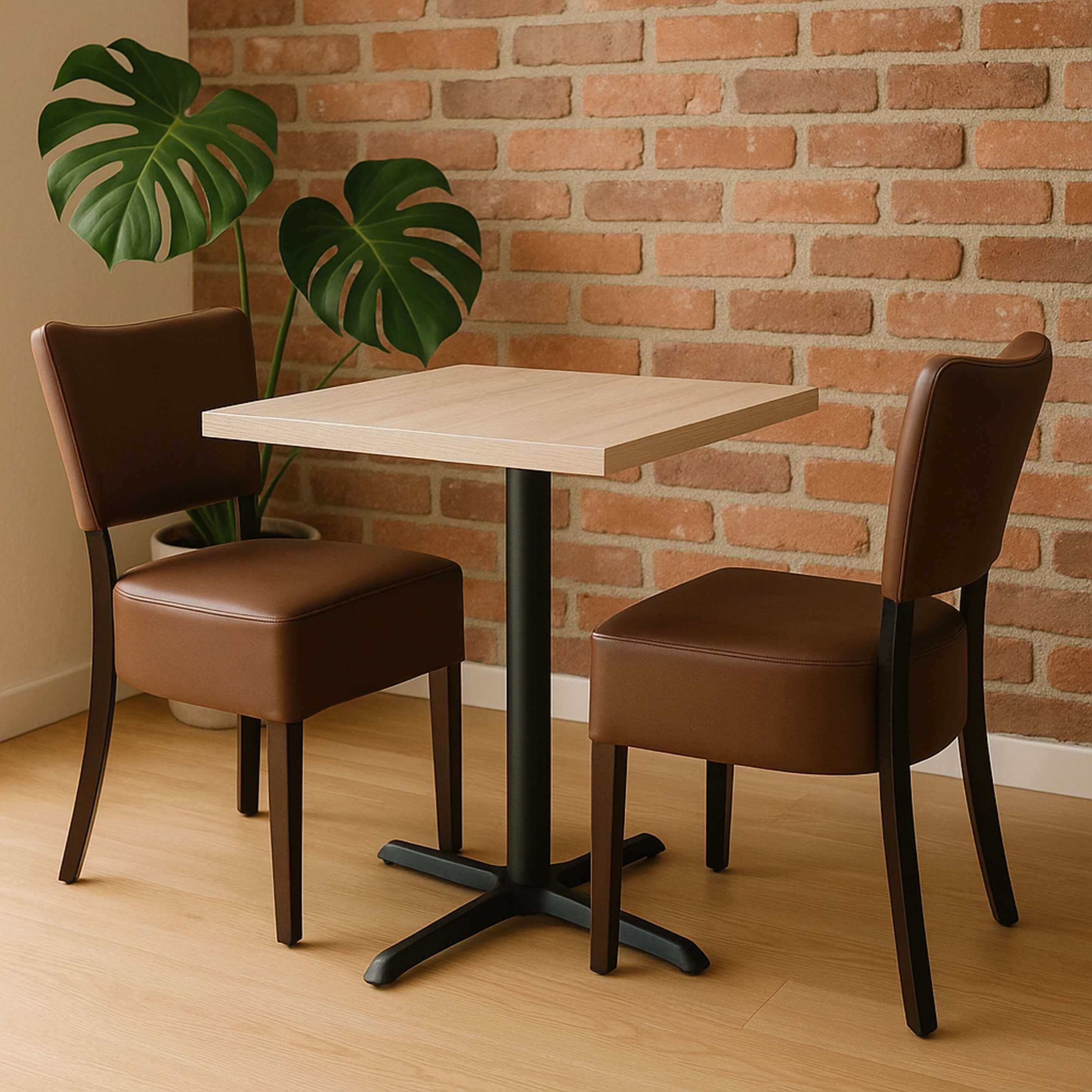 Cafesæt 6 med 2 brune Isabella stole, lys egelook melamin bordplade 70x70 og robust Gafa 4 sort bordstel