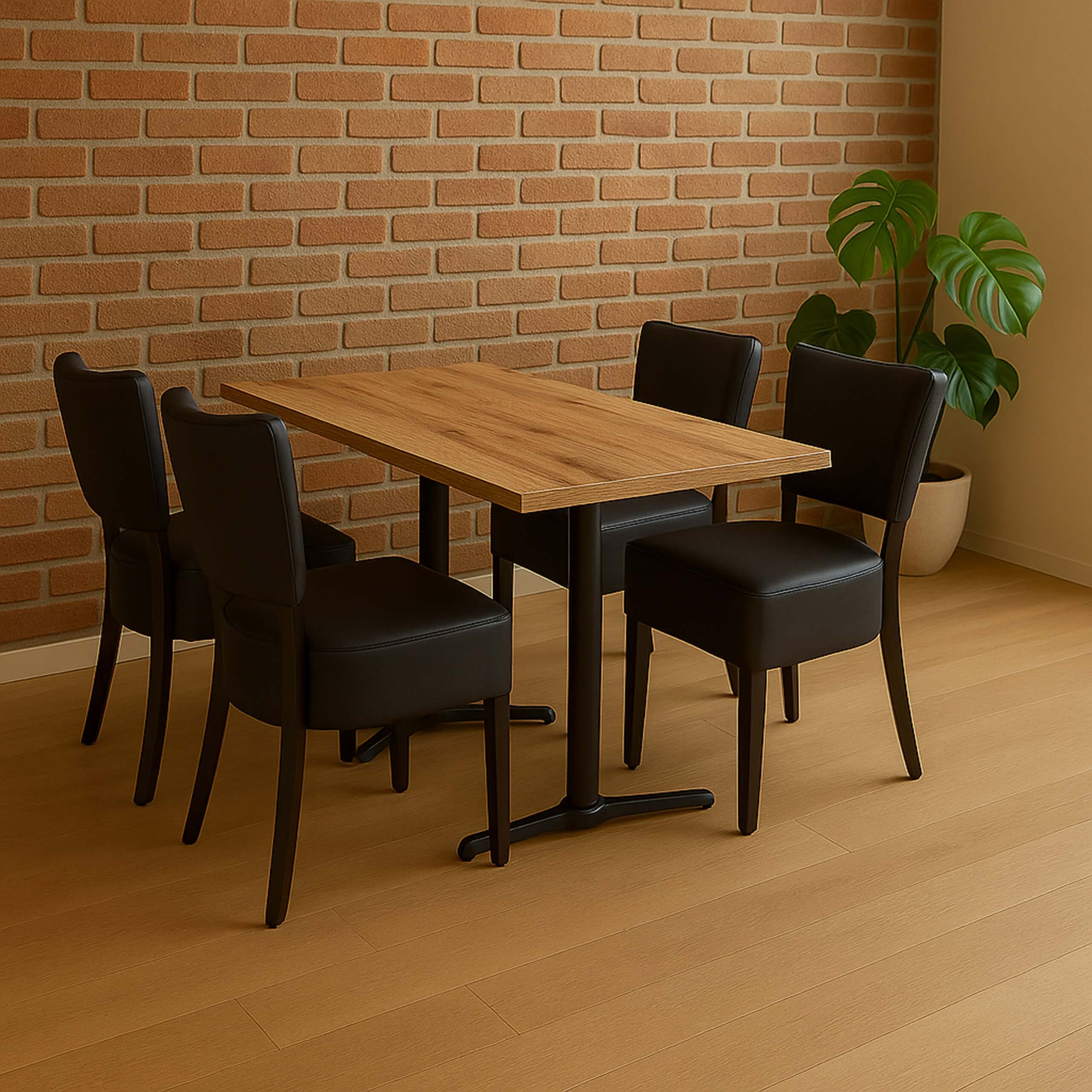 Cafesæt 8 - 4 Isabella sorte stole - Antik eg melamin bordplade 70x120 - Gafa dobbelt sort bordstel