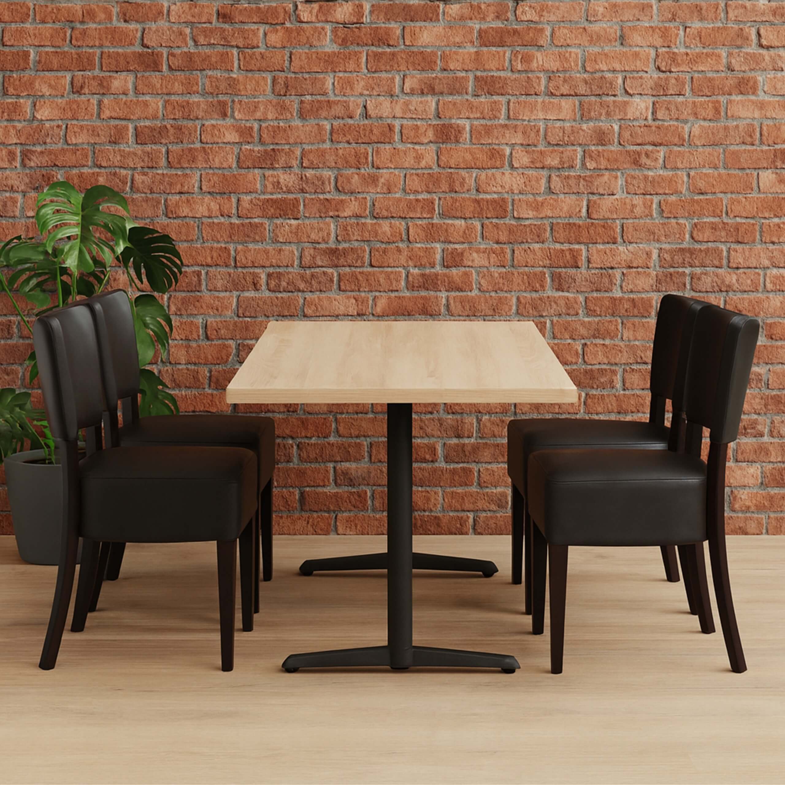 Cafesæt 9 - 4 Isabella sorte stole - Lys egelook melamin bordplade 70x120 - Gafa dobbelt sort bordstel