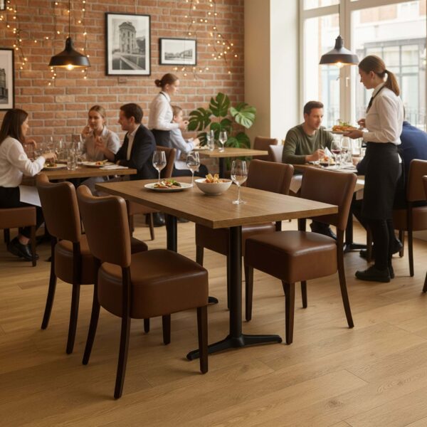 Cafesæt 10 - 4 Isabella brune stole - Wengé melamin bordplade 70x120 - Gafa dobbelt sort bordstel