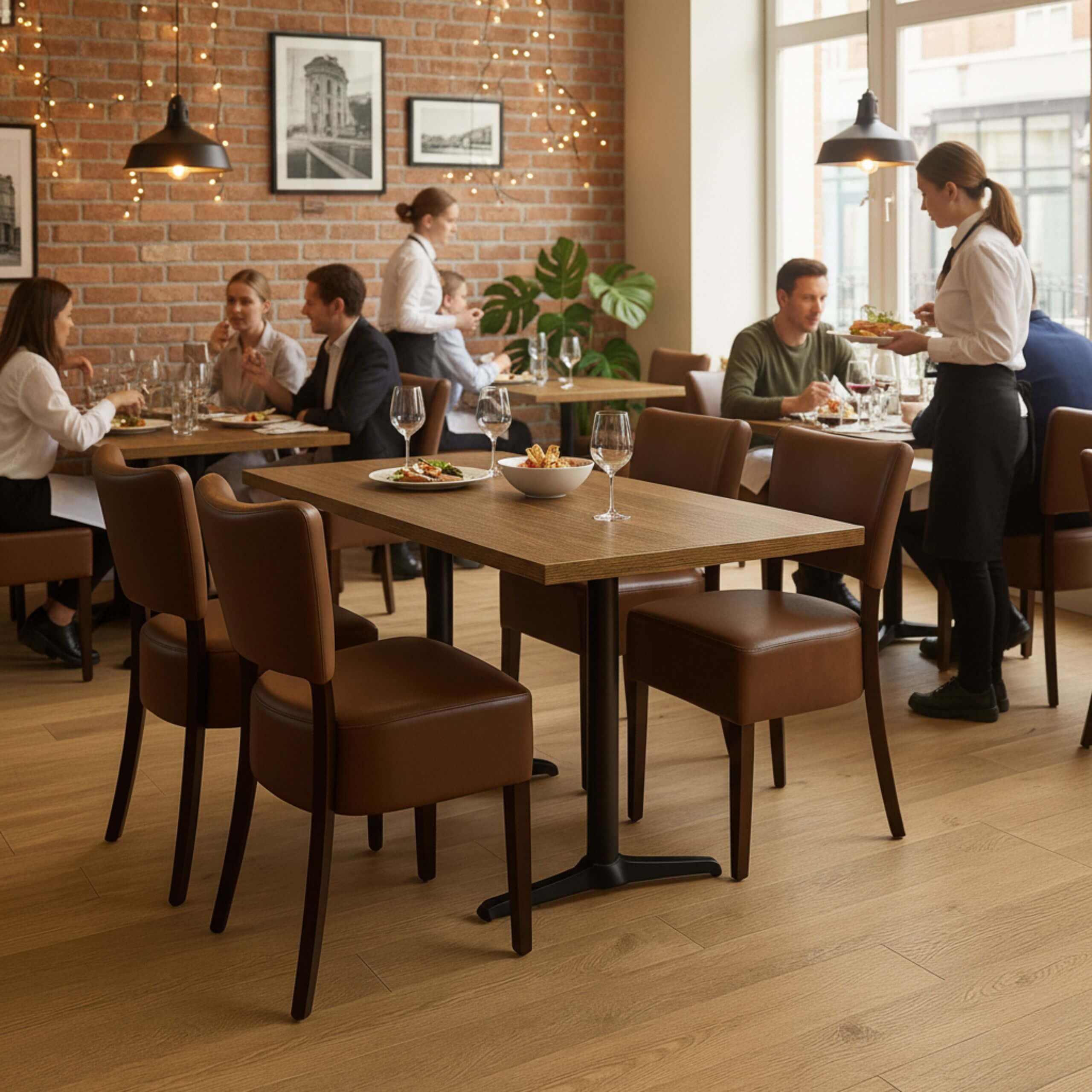 Cafesæt 10 - 4 Isabella brune stole - Wengé melamin bordplade 70x120 - Gafa dobbelt sort bordstel