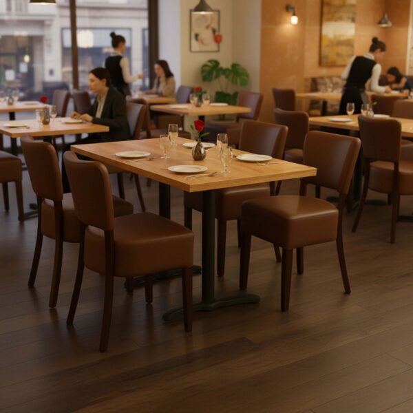 Cafesæt 11 - 4 Isabella brune stole - Antik eg melamin bordplade 70x120 - Gafa dobbelt sort bordstel