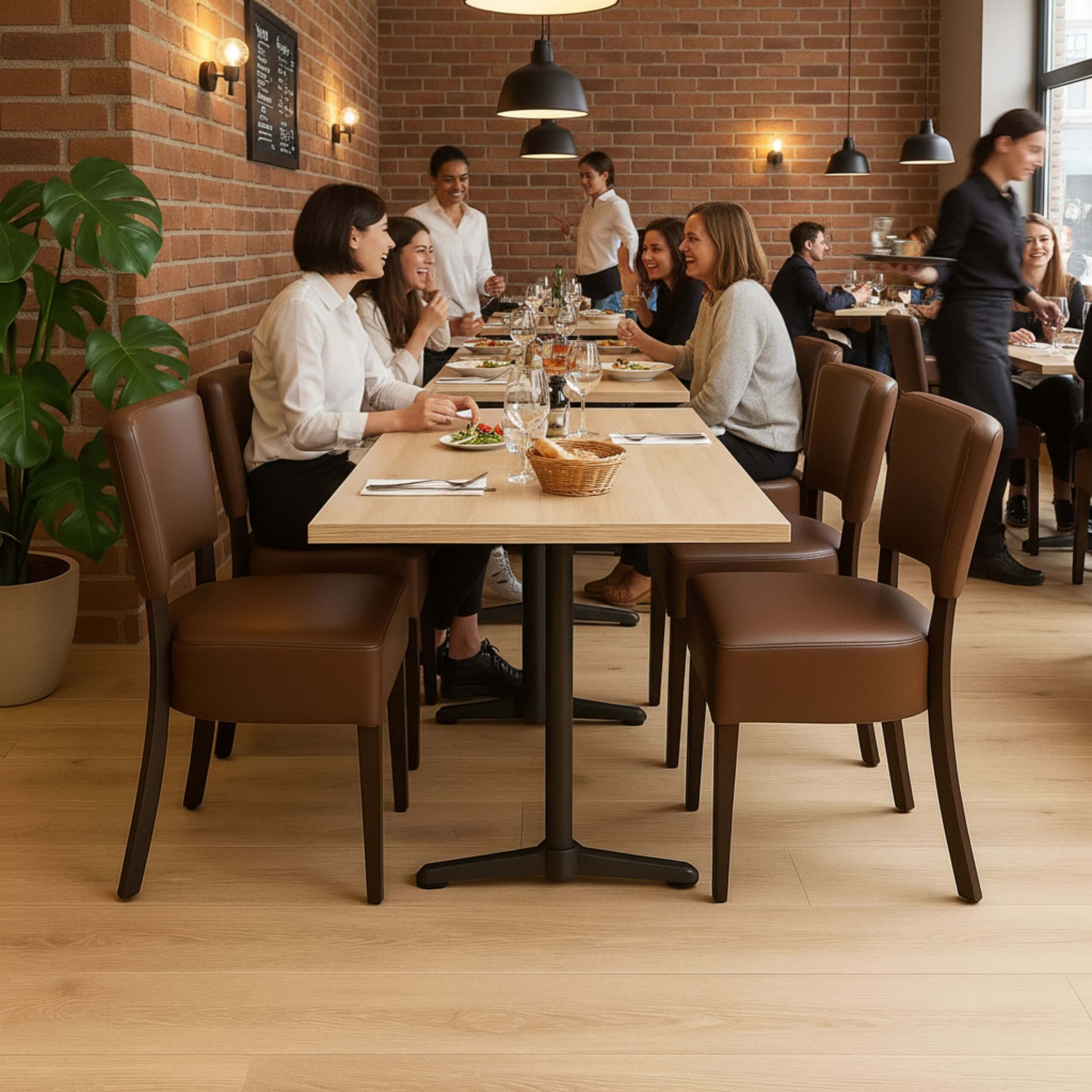 Cafesæt 12 - 4 Isabella brune stole - Lys egelook melamin bordplade 70x120 - Gafa dobbelt sort bordstel