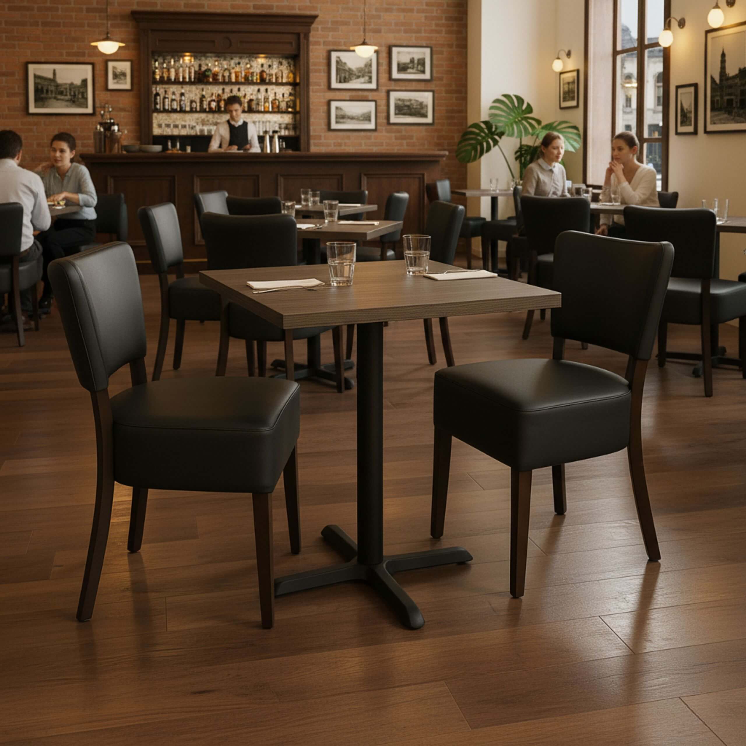 Cafesæt 1 - 2 Isabella sorte stole - Wengé melamin bordplade 70x70 - Gafa 4 sort bordstel