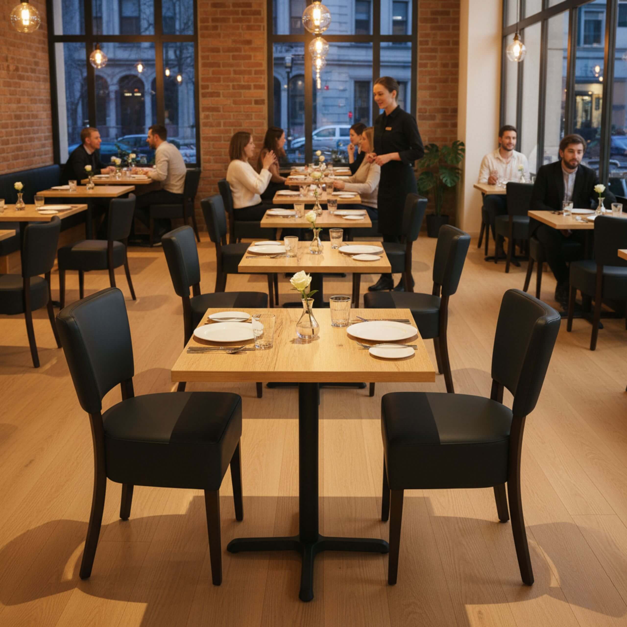 Cafesæt 2 - 2 Isabella sorte stole - Antik Eg melamin bordplade 70x70 - Gafa 4 sort bordstel