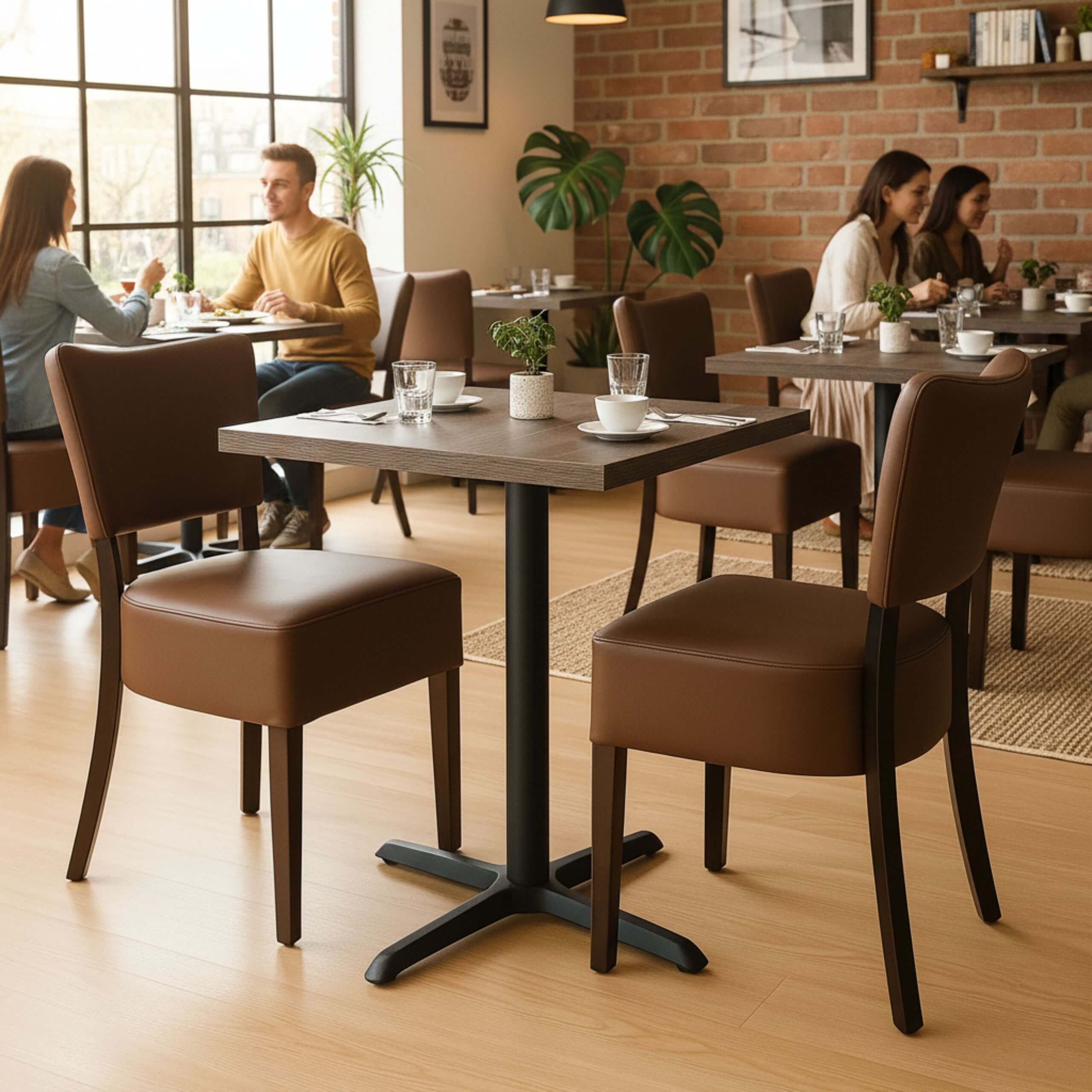 Cafesæt 4 - 2 Isabella brune stole - Wengé melamin bordplade 70x70 - Gafa 4 sort bordstel