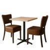 Cafesæt 6 - 2 Isabella brune stole - Lys egelook melamin bordplade 70x70 - Gafa 4 sort bordstel
