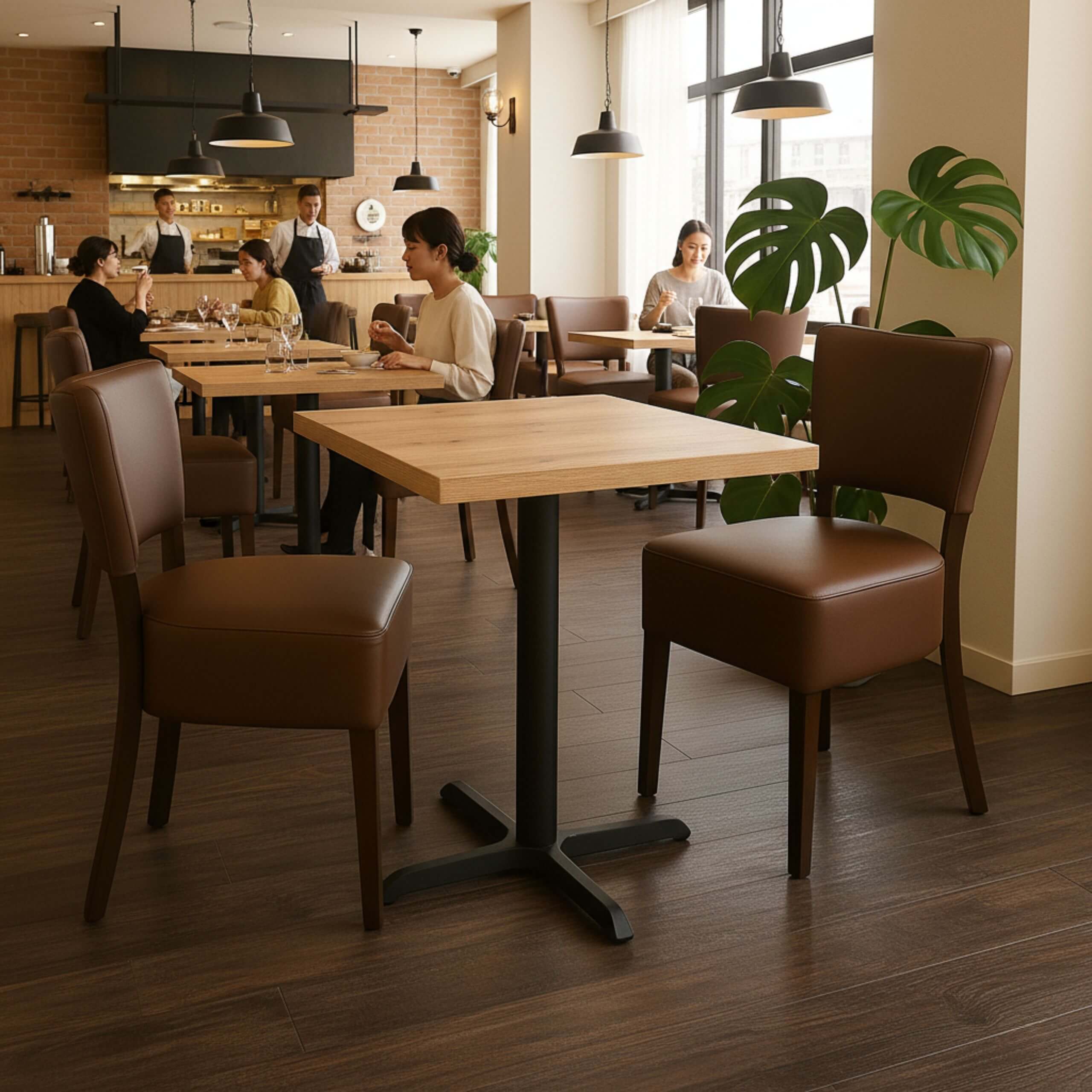 Cafesæt 6 - 2 Isabella brune stole - Lys egelook melamin bordplade 70x70 - Gafa 4 sort bordstel