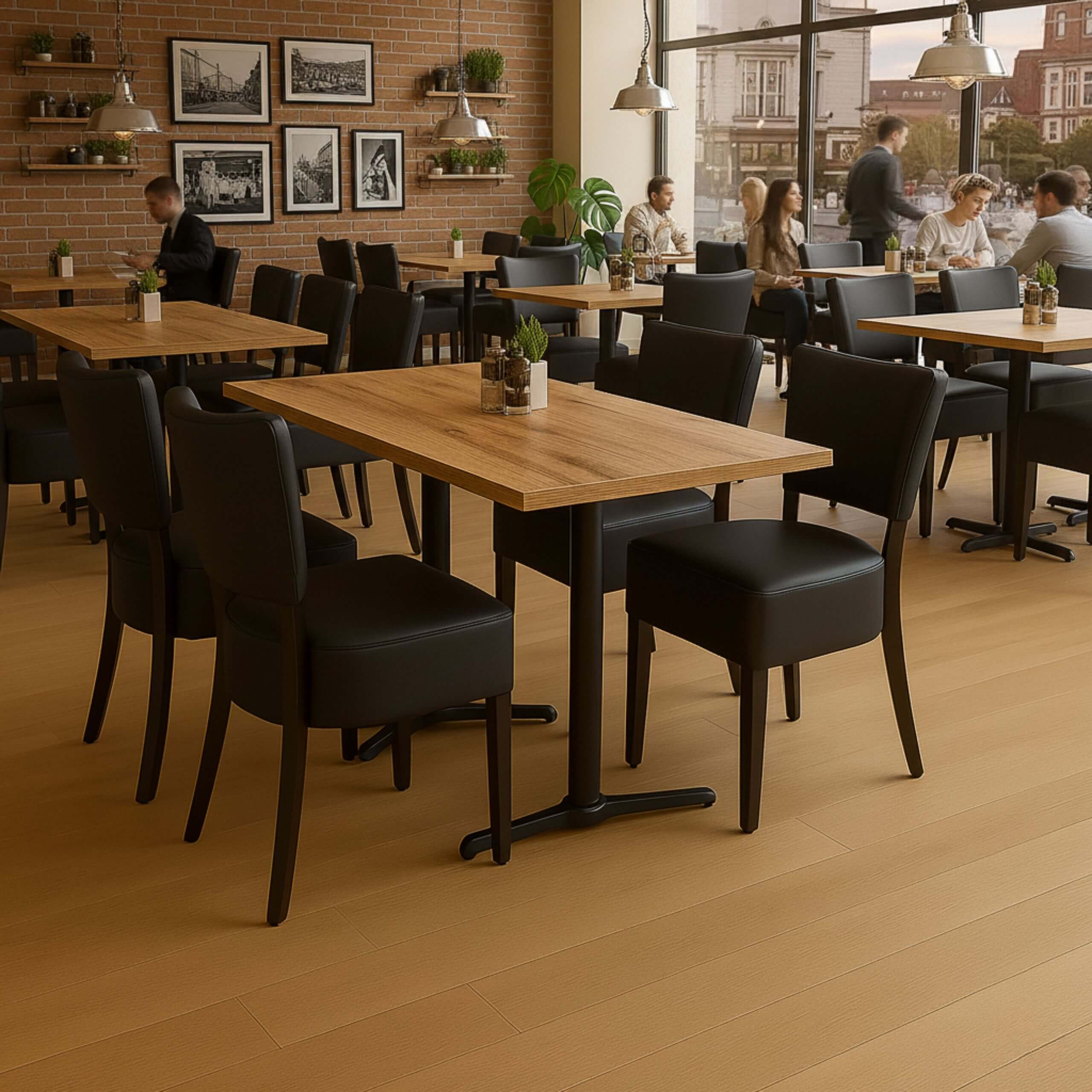 Cafesæt 8 - 4 Isabella sorte stole - Antik eg melamin bordplade 70x120 - Gafa dobbelt sort bordstel