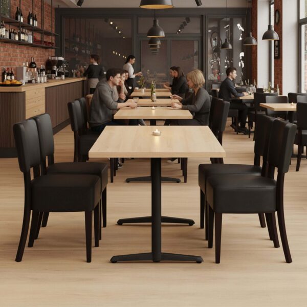 Cafesæt 9 - 4 Isabella sorte stole - Lys egelook melamin bordplade 70x120 - Gafa dobbelt sort bordstel