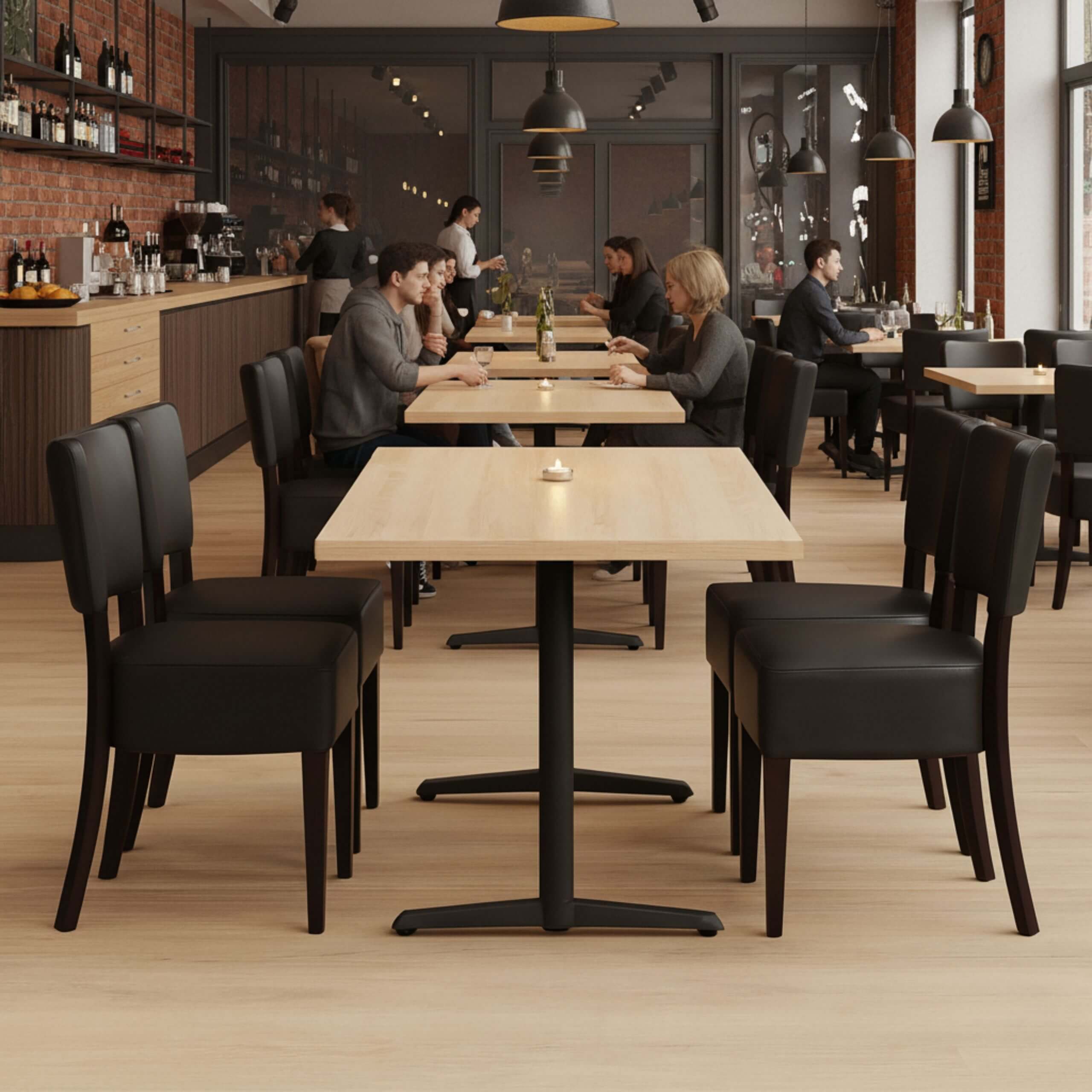 Cafesæt 9 - 4 Isabella sorte stole - Lys egelook melamin bordplade 70x120 - Gafa dobbelt sort bordstel